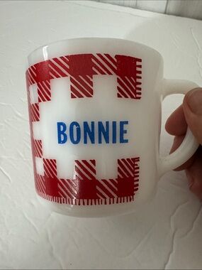 Vintage Westfield “BONNIE” White Milk Glass Mug with Red Plaid Accent